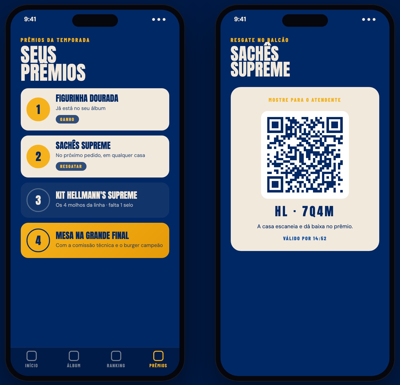 Telas do app: a escada de prêmios e o código de resgate dos sachês Supreme