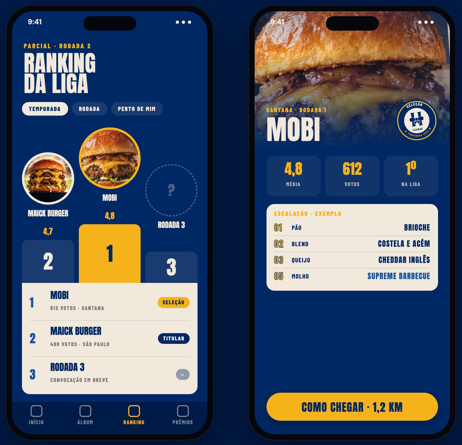 Telas do app: ranking da liga com Mobi em primeiro e Maick Burger em segundo, e a página da Mobi