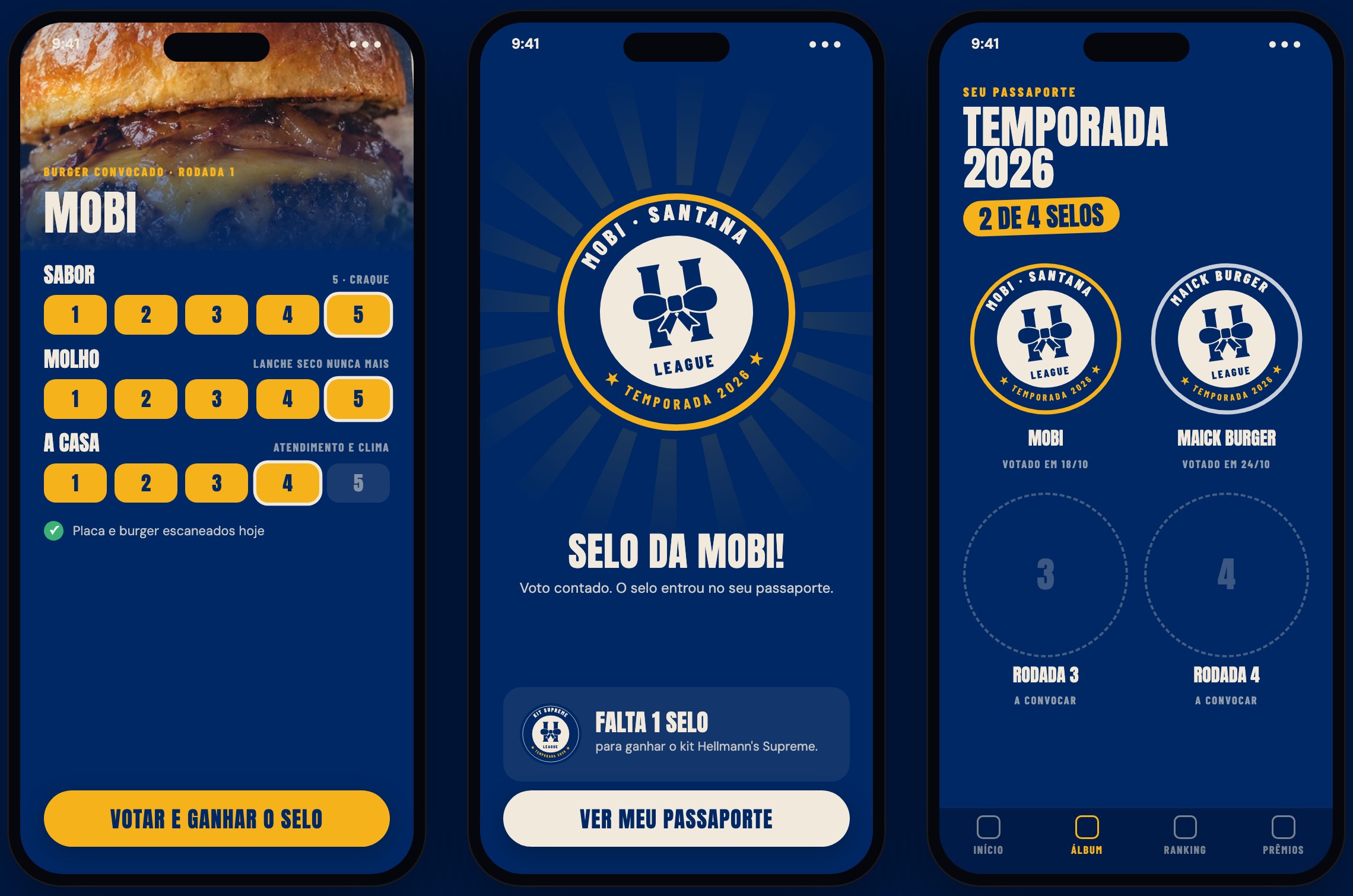 Três telas do app: votação com três notas, selo da Mobi ganho e o passaporte