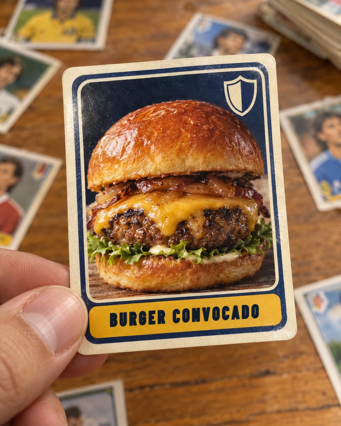 A figurinha de um Burger Convocado na mão, sobre outras figurinhas