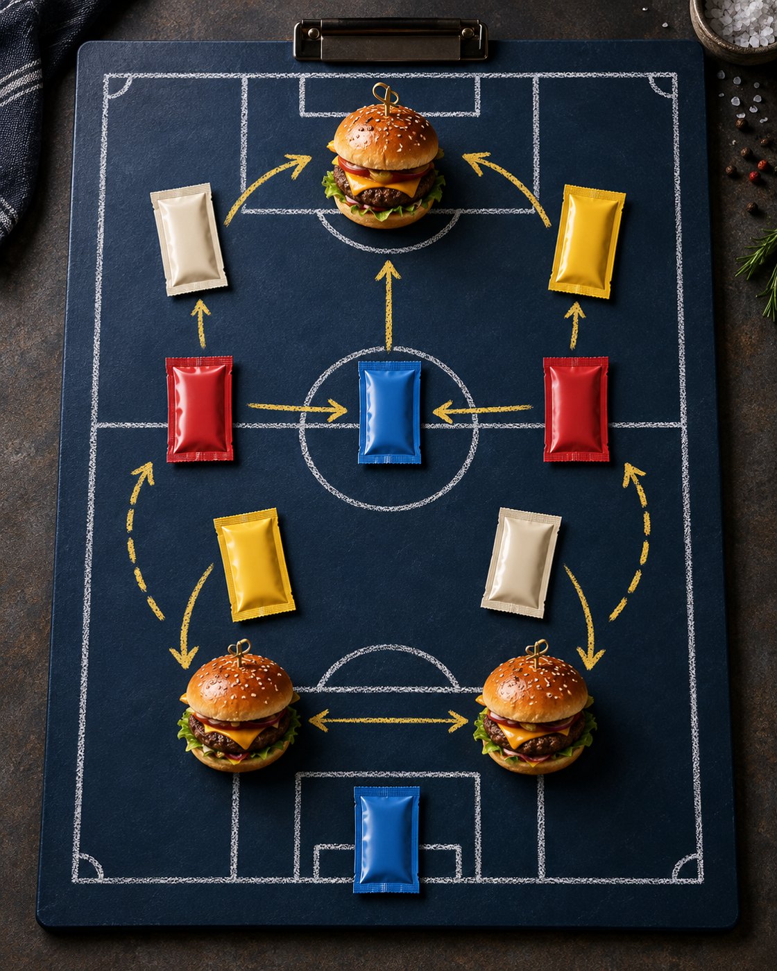 Prancheta tática com burgers e sachês Hellmann's posicionados como jogadores