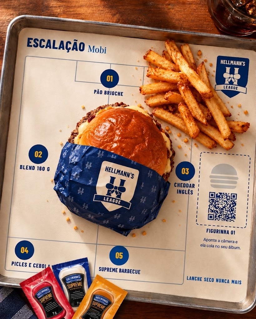 Papel de bandeja com a escalação da Mobi e o QR da figurinha