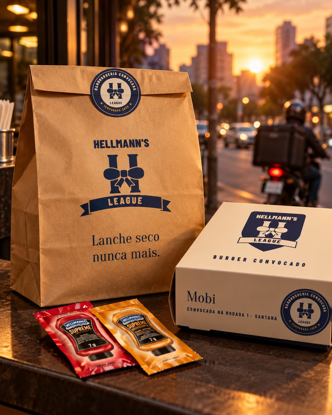 Sacola de delivery lacrada com o selo e a caixa da Mobi